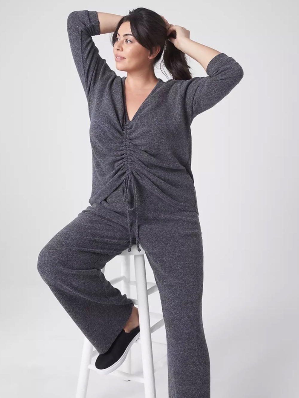 Lane Bryant LIVI Gray Scrunch Tie Front Sweater Plus 26/28/4X
